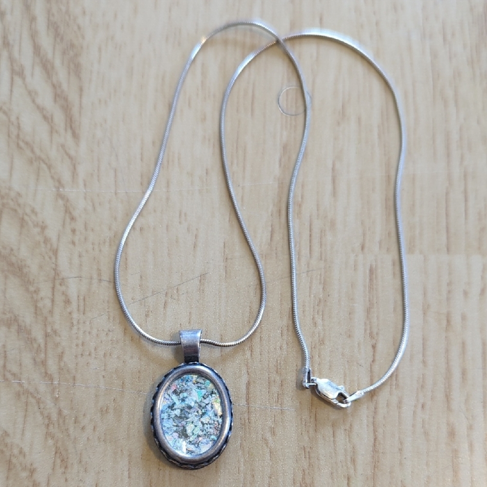 Elegant Sterling Silver Roman Glass Pendant Necklace